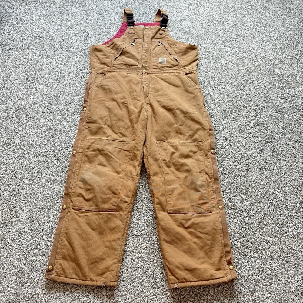 Carhartt Double Knee Bib Overalls Mens 44x32 Brown Duck Insulated R38 BRN USA